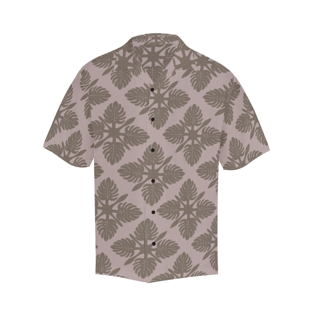 Monstera Kapa Kuiki Hawaiian Print - Menʻs Aloha Shirt, Mauve and Taupe