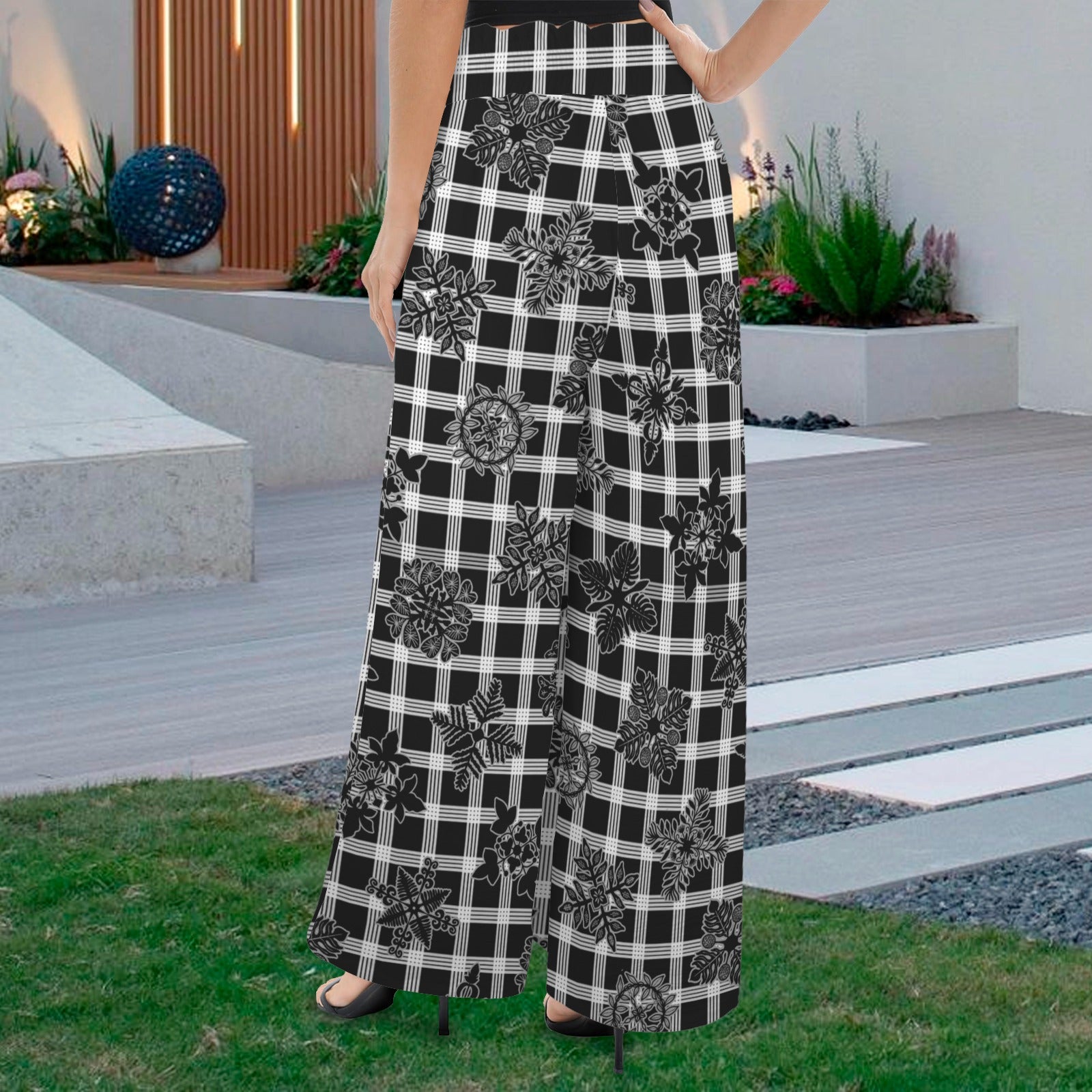 Makamae Elastic Waist Wide Leg Pants - Palaka and Kapa Kuiki Hawaiian Print - Black and White