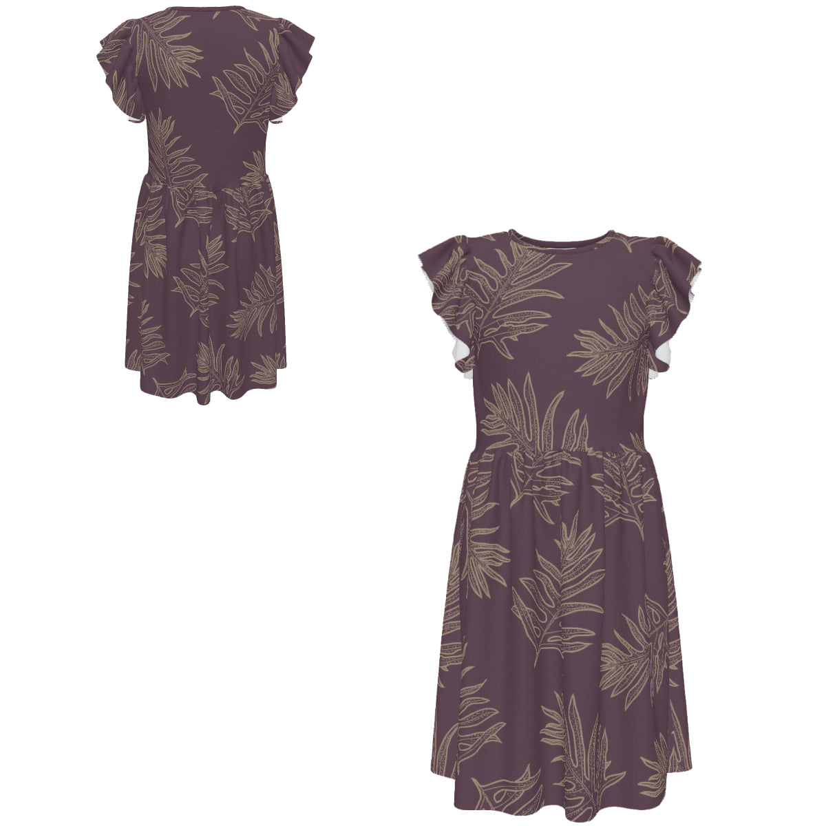 Laua'e Hawaiian Print - Girl's Ruffle Sleeve Dress - Lavender