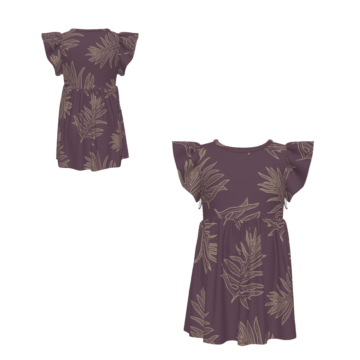 Laua'e Hawaiian Print - Little Girl's Ruffle Sleeve Dress - Lavender