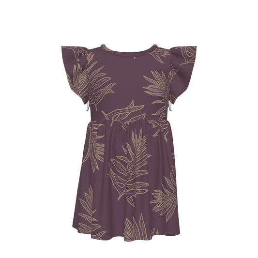 Laua'e Hawaiian Print - Little Girl's Ruffle Sleeve Dress - Lavender