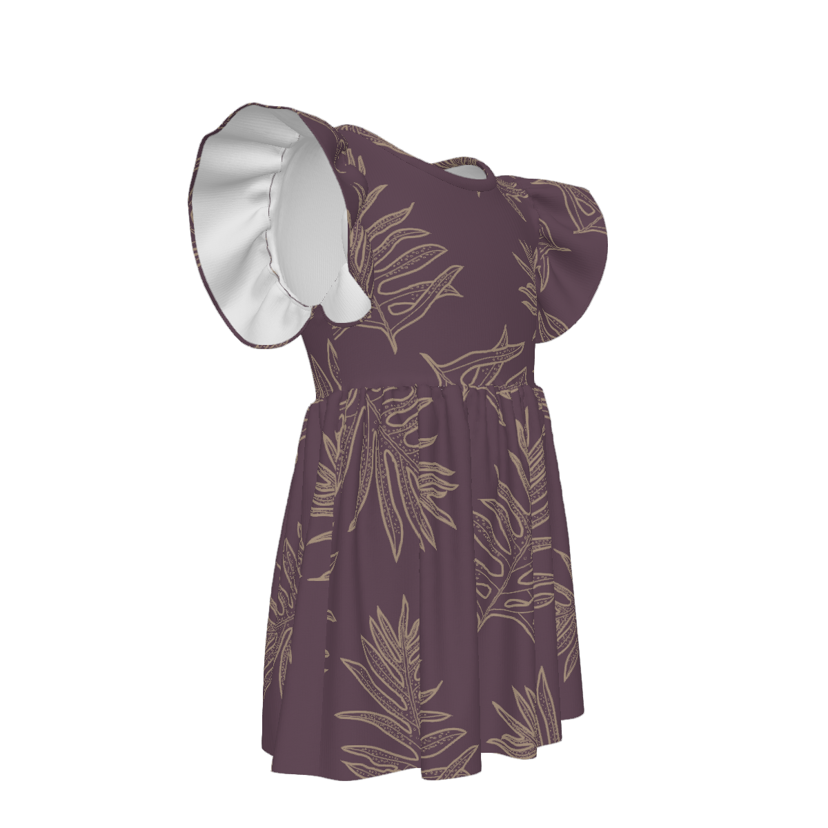 Laua'e Hawaiian Print - Little Girl's Ruffle Sleeve Dress - Lavender