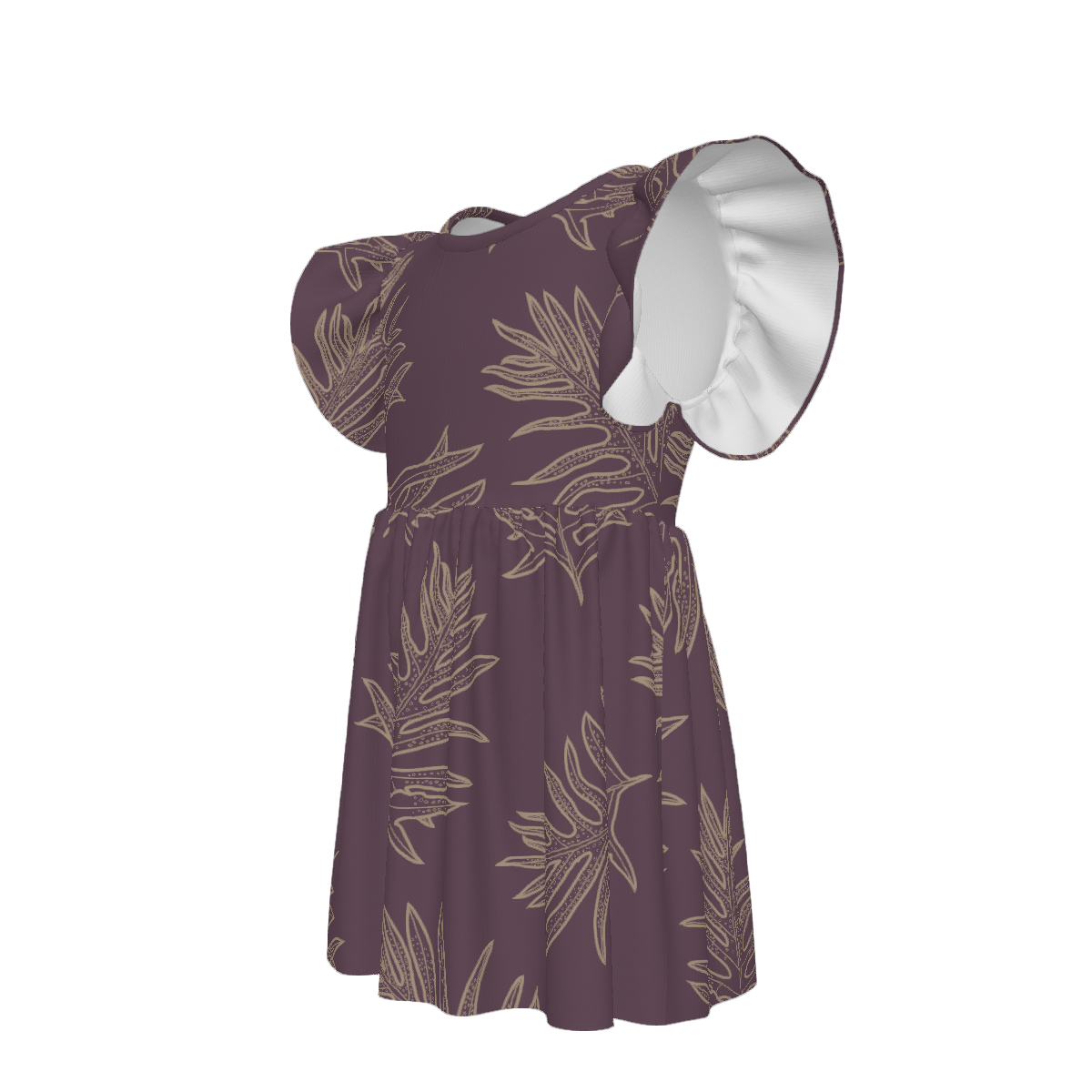 Laua'e Hawaiian Print - Little Girl's Ruffle Sleeve Dress - Lavender