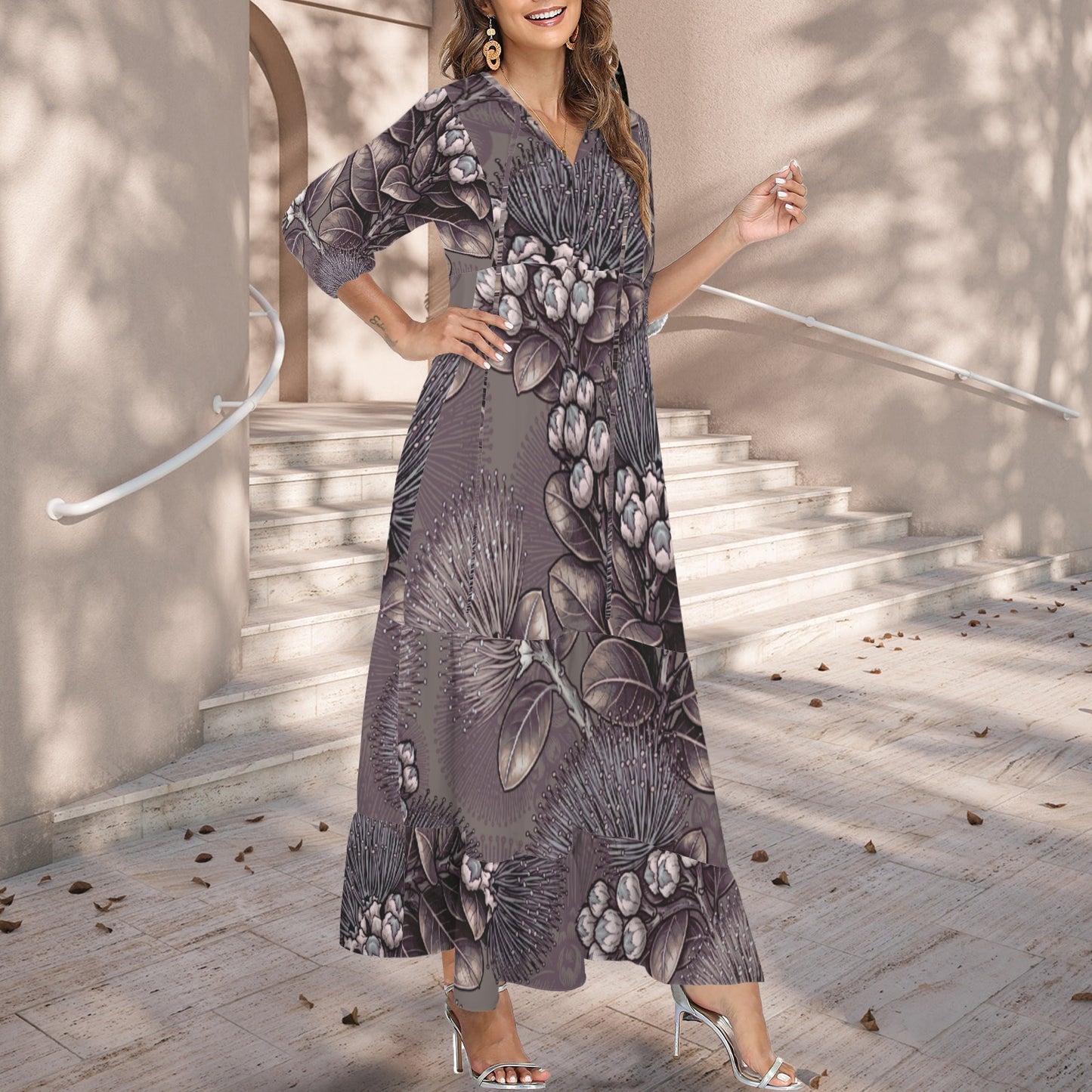 Pauahi Mu'u mu'u maxi dress - 'ōhiʻa lehua in taupe and gray