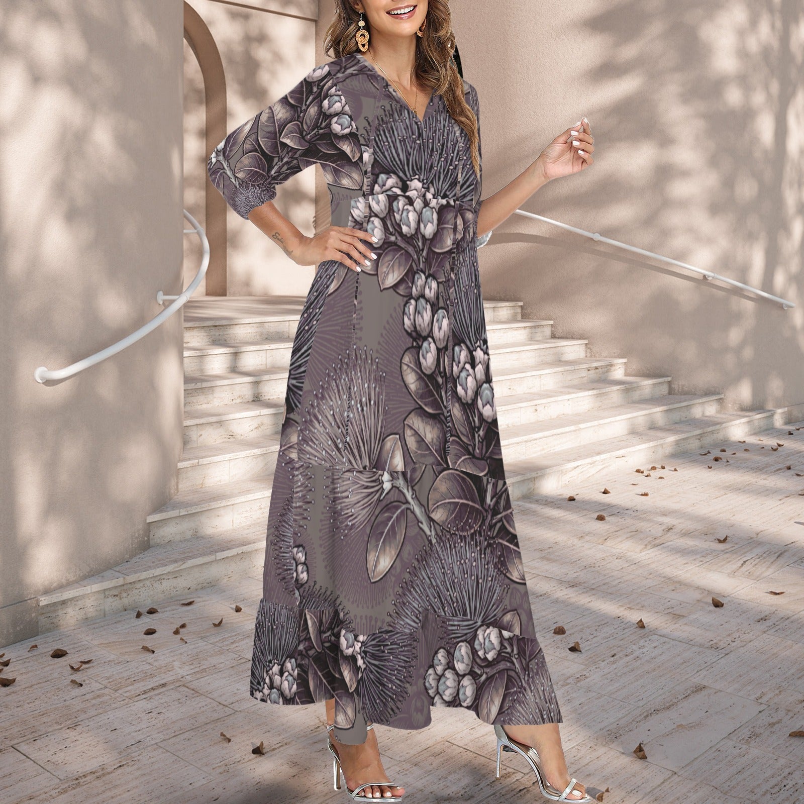 Pauahi Mu'u mu'u maxi dress - 'ōhiʻa lehua in taupe and gray
