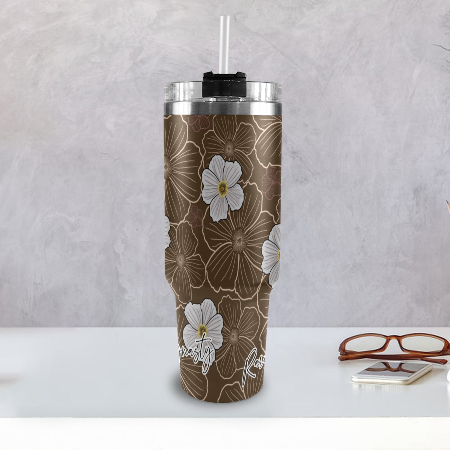 Pua Kala Hawaiian Poppy 40oz Tumbler - Black Handle, Brown