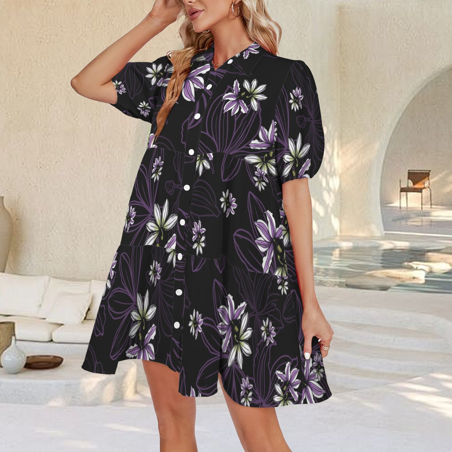 Puʻuwai Button down Puff sleeve baby doll dress in Naupaka - Purple and Black