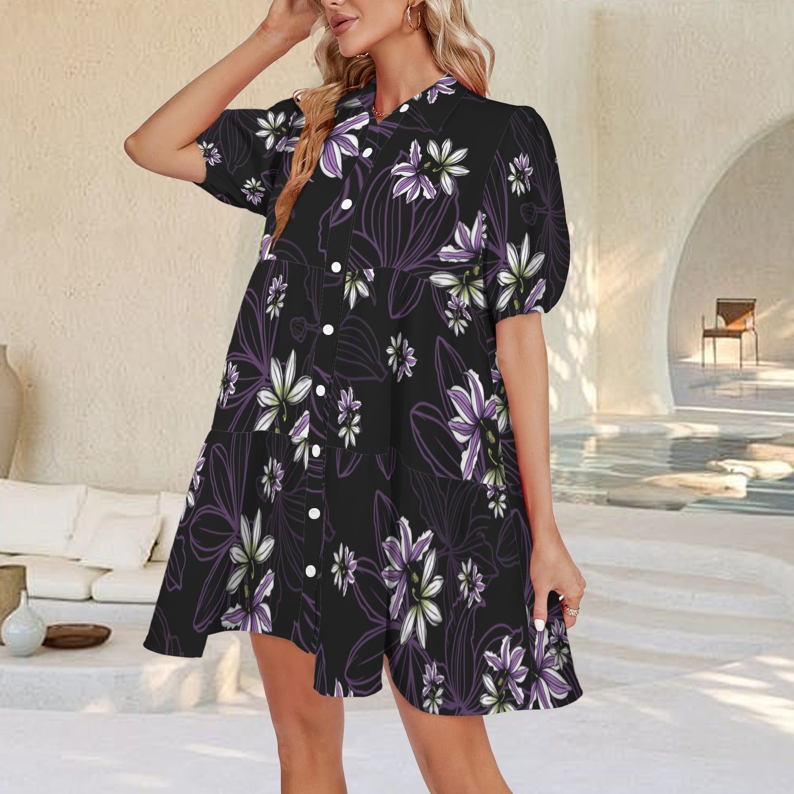 Puʻuwai Button down Puff sleeve baby doll dress in Naupaka - Purple and Black