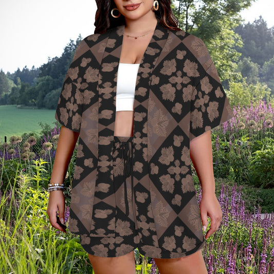 Hunnie Girl 2 PC Set - Open Front Kimono Blouse with Drawstring Waist Shorts - Ulu Quilt Mocha Taupe and Black