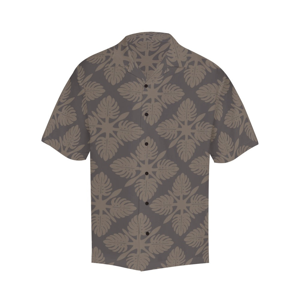 Monstera Kapa Kuiki Hawaiian Quilt Design - Menʻs Aloha Shirt, Taupe and Charcoal
