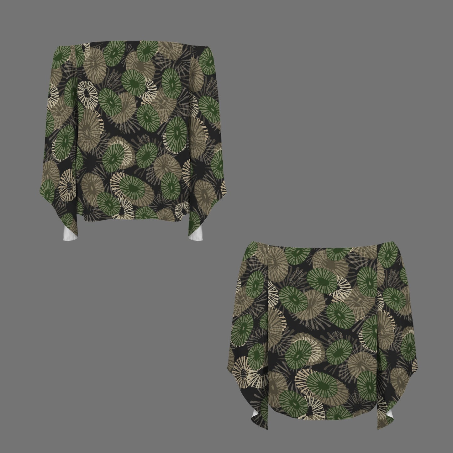 Kolonahe 'Opihi Hawaiian Print Off Shoulder Trumpet Sleeve Blouse - Camouflage