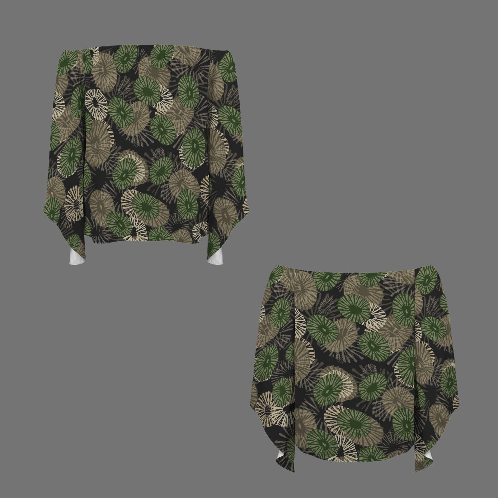 Kolonahe 'Opihi Hawaiian Print Off Shoulder Trumpet Sleeve Blouse - Camouflage