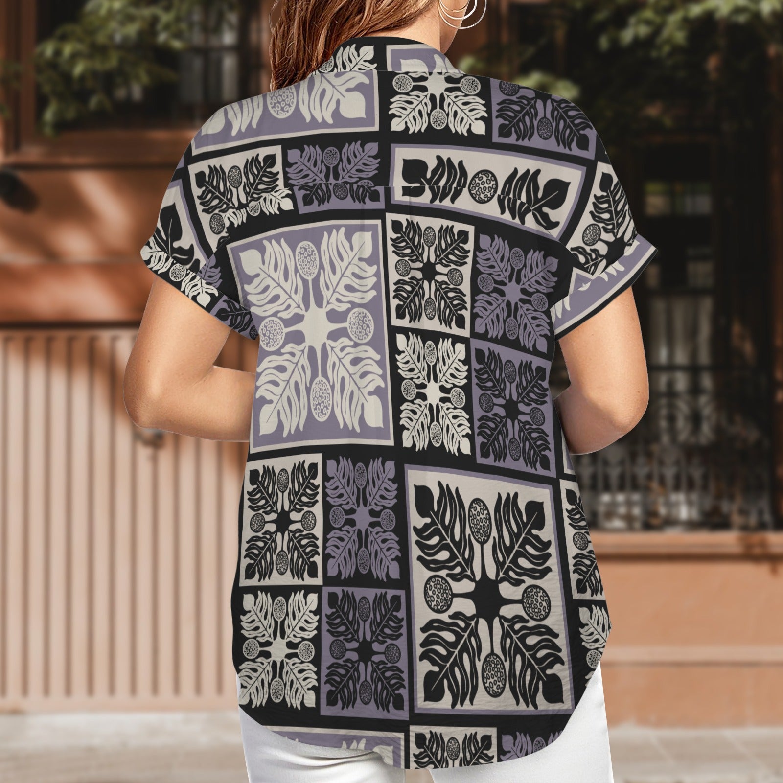 Ulu Kapa Kuiki Block Print Harmony Blouse - Women's Short Sleeve Button Down Shirt - Dusty Purple