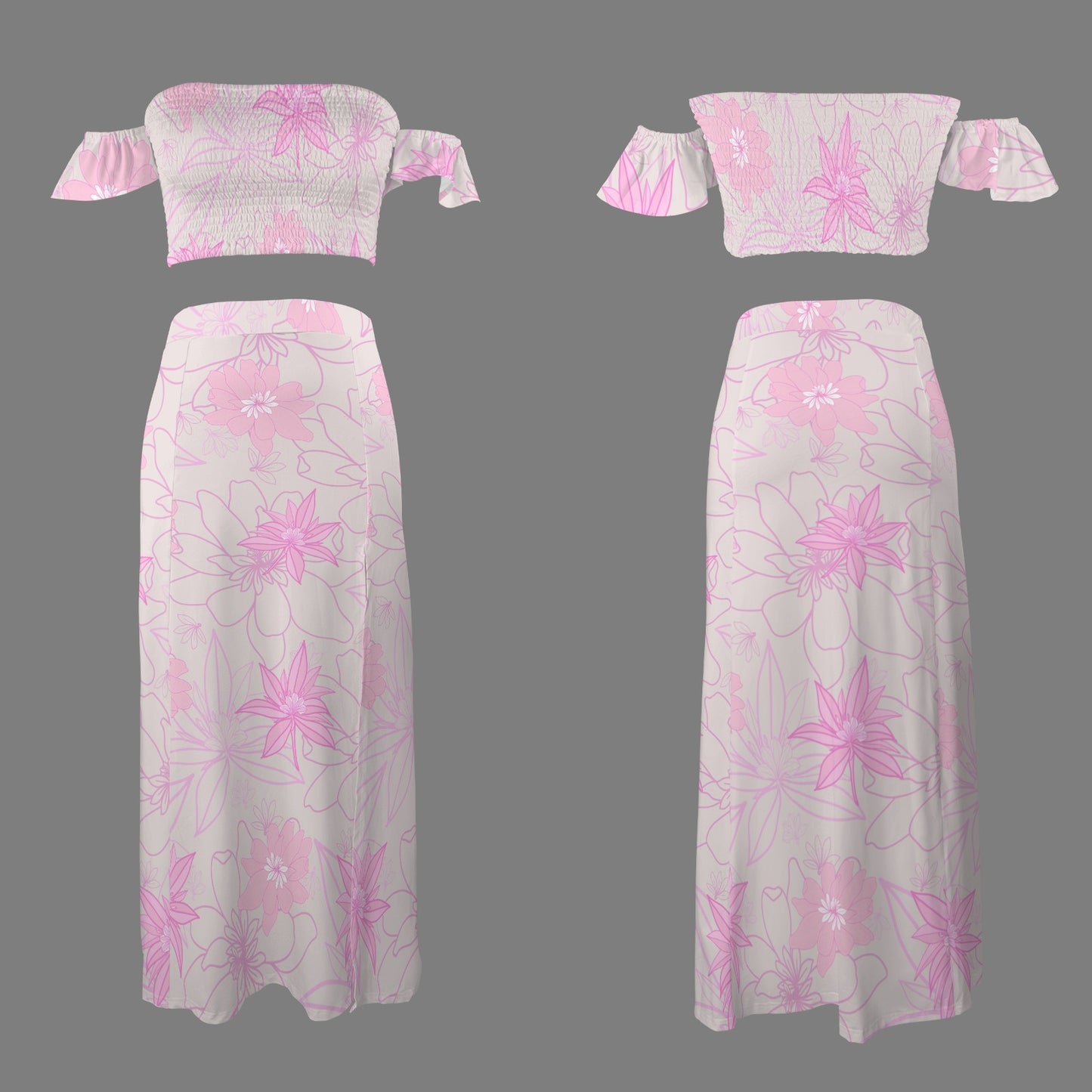 Malino Set in Naupaka (Off Shoulder Smocked Tube Top & High Waist Split Thigh Maxi Skirt) Pink