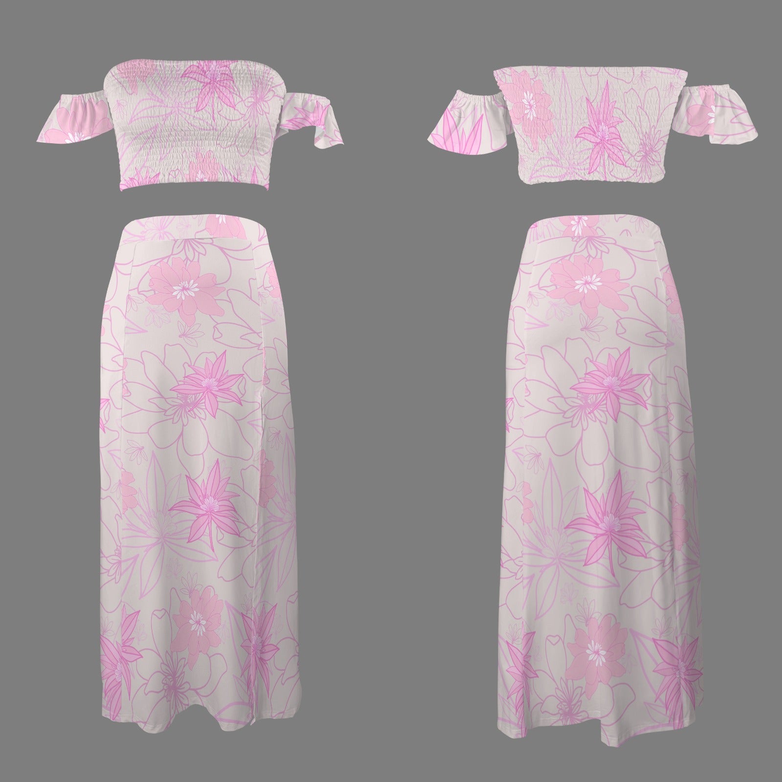 Malino Set in Naupaka (Off Shoulder Smocked Tube Top & High Waist Split Thigh Maxi Skirt) Pink