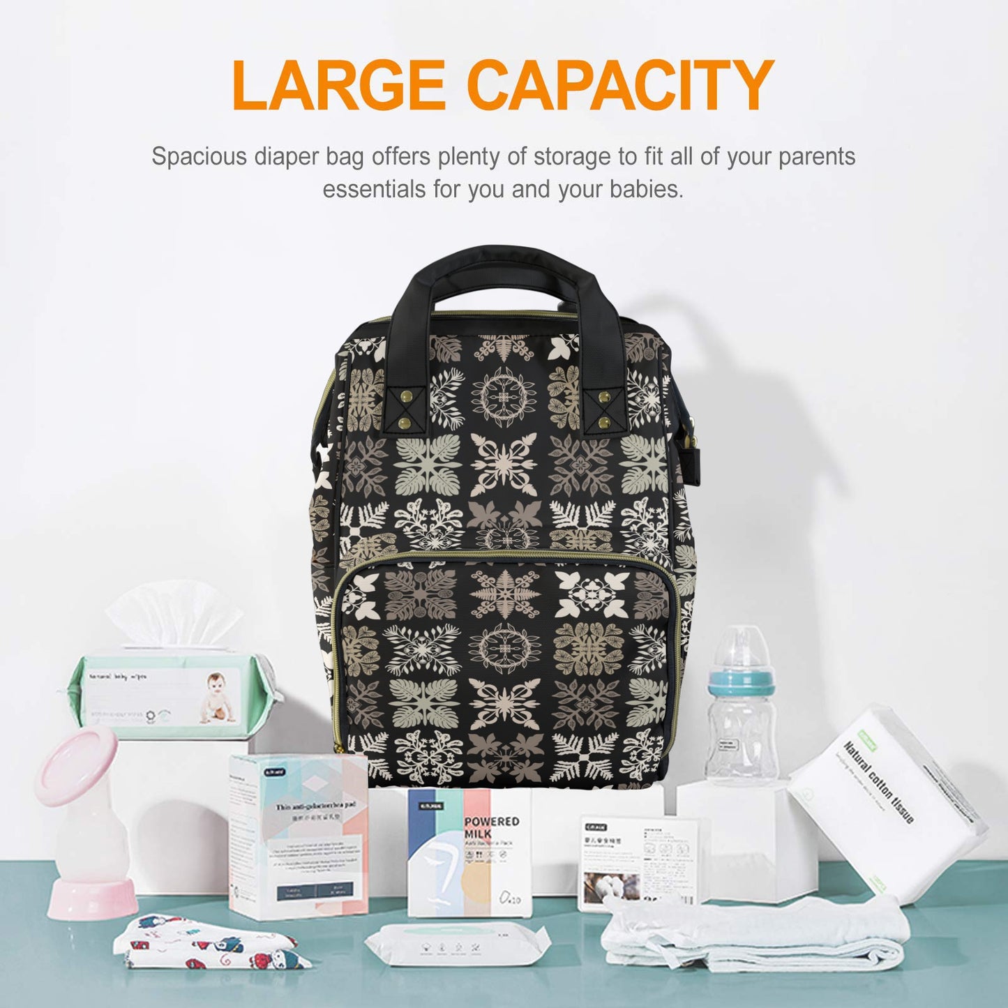 Kapa Kuiki Hawaiian Print Quilt Design Mult-Function Backpack - Black and Khaki
