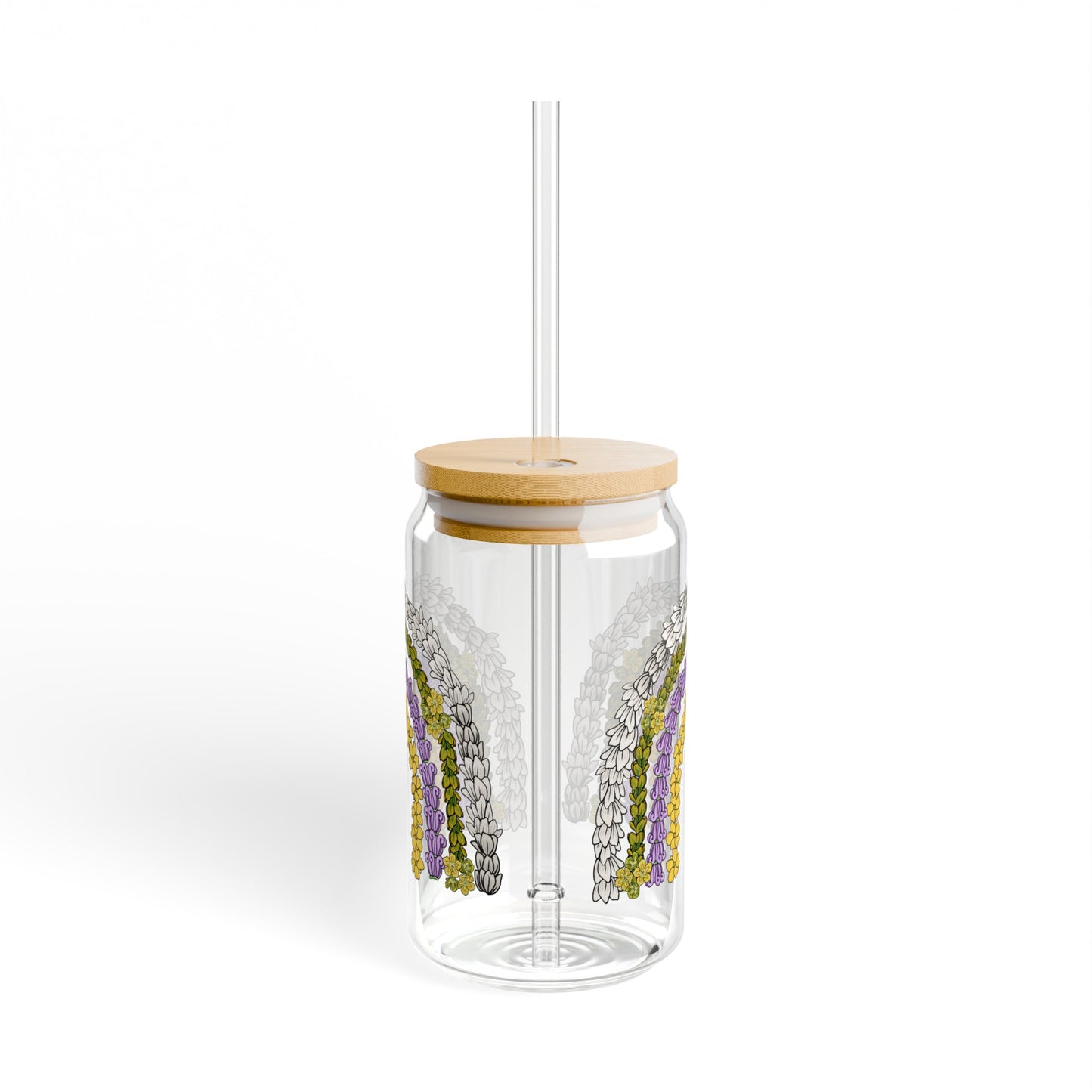 Hawaiian Lei Rainbow Glass Can Cup Sipper Glass Tumbler, 16oz with Lid - Pikake, Crown Flower Pua Kalaunu, Pakalana, Puakenikeni