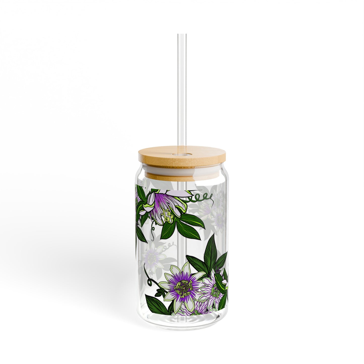 Lilikoʻi Passion Fruit Hawaiian Print Glass Can Cup Sipper Glass, 16oz with Lid - Lilikoʻi Flower
