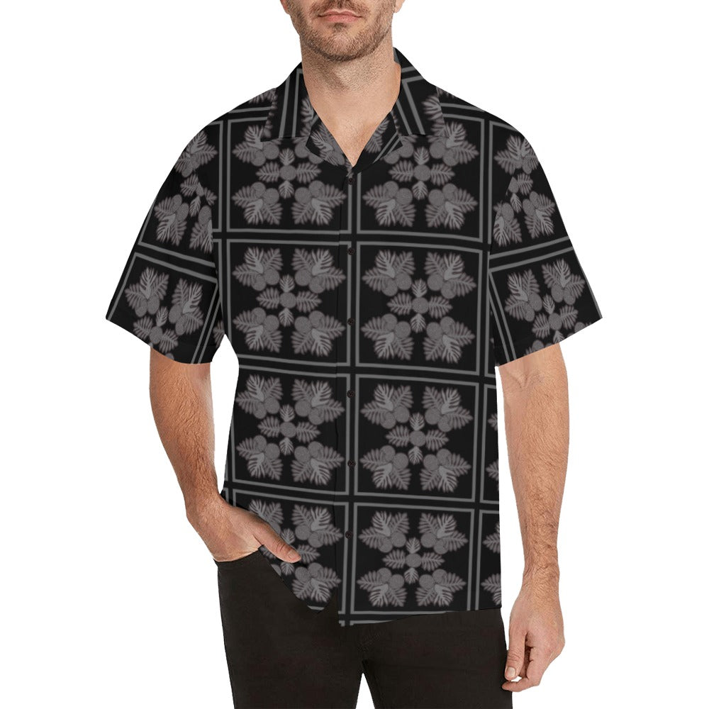 Ulu Quilt Design - Menʻs Aloha Shirt - Black and Gray Square Pattern Hawaiian Shirt