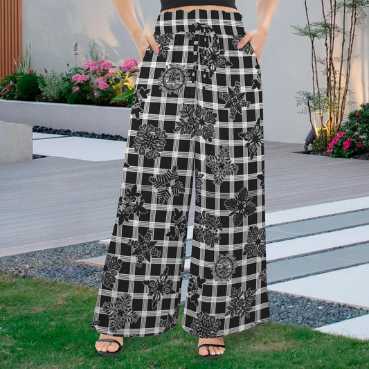 Makamae Elastic Waist Wide Leg Pants - Palaka and Kapa Kuiki Hawaiian Print - Black and White
