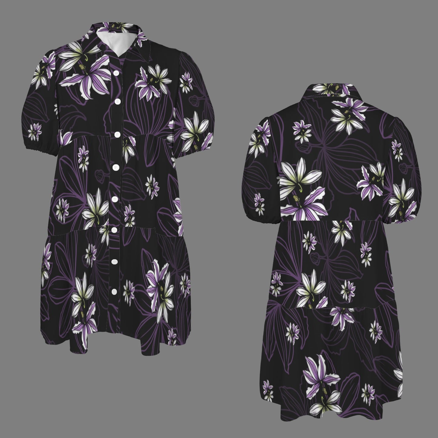 Puʻuwai Button down Puff sleeve baby doll dress in Naupaka - Purple and Black