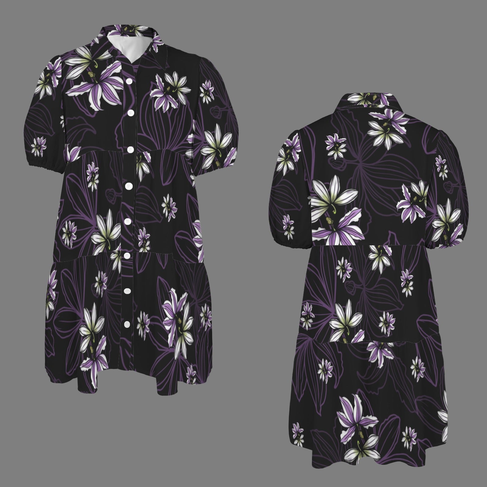 Puʻuwai Button down Puff sleeve baby doll dress in Naupaka - Purple and Black