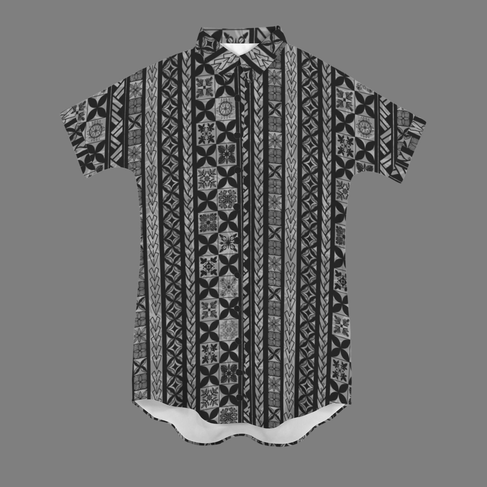 nani 2.0 shirt dress - hawaiian kapa kakau quilt gray and black small print