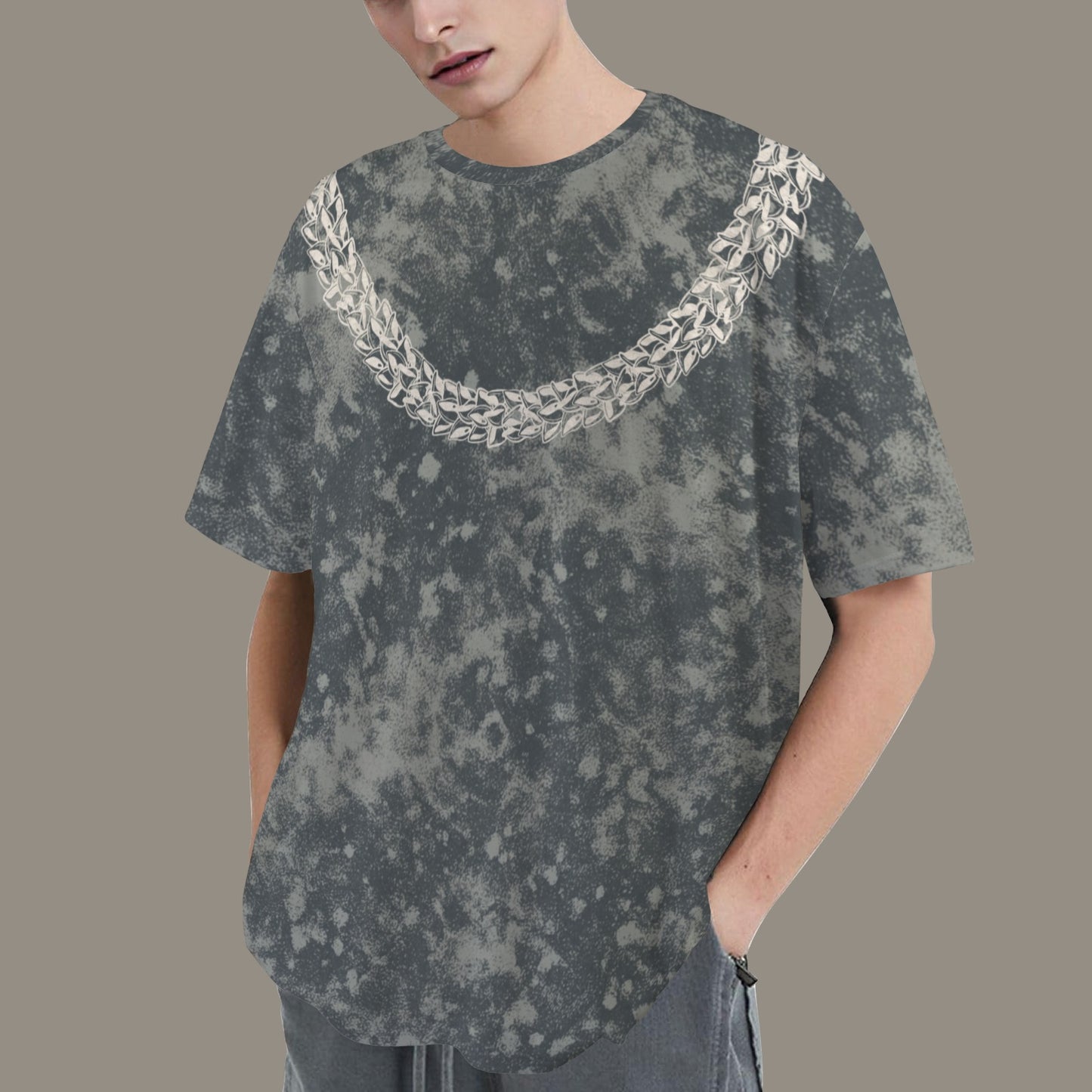 Oversized Vintage Wash Graphic T-shirt | Hawaiian Lei Tee, Smokey Slate Blue Gray - Ni'ihau Shell Lei