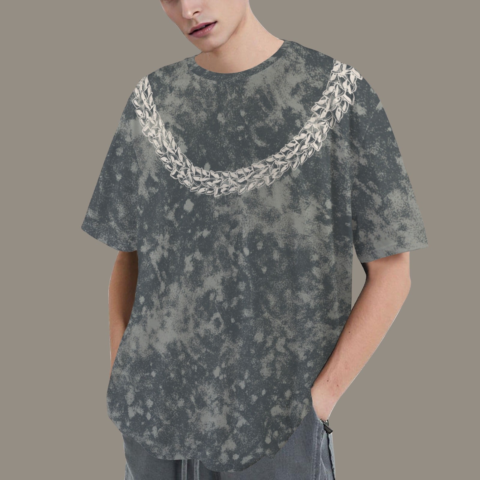 Oversized Vintage Wash Graphic T-shirt | Hawaiian Lei Tee, Smokey Slate Blue Gray - Ni'ihau Shell Lei