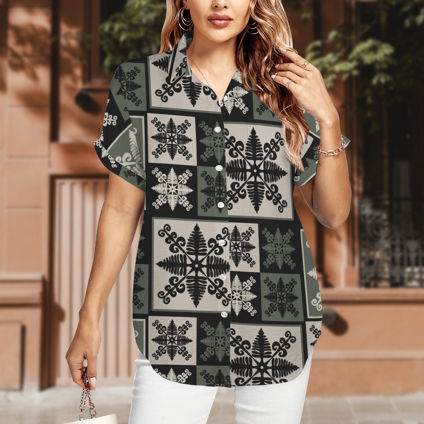 Hapu'u Fern Kapa Kuiki Block Print Harmony Blouse, Women's Short Sleeve Button Down Shirt - Green