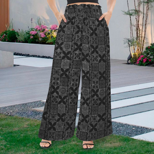 Makamae Elastic Waist Wide Leg Pants - Hawaiian Kapa Quilt in Black and Gray