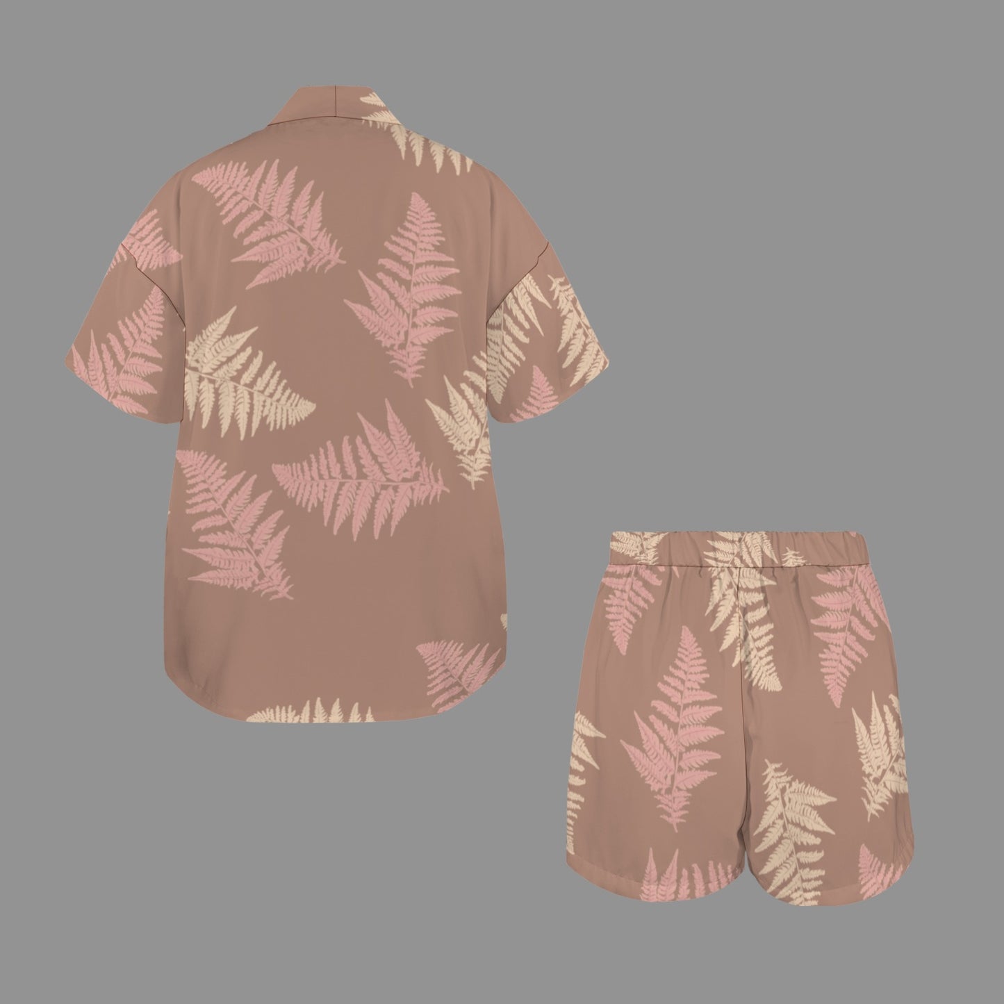 Hunnie Girl 2 PC Set - Open Front Kimono Blouse with Drawstring Waist Shorts - Hawaiian Fern Mocha and Mauve