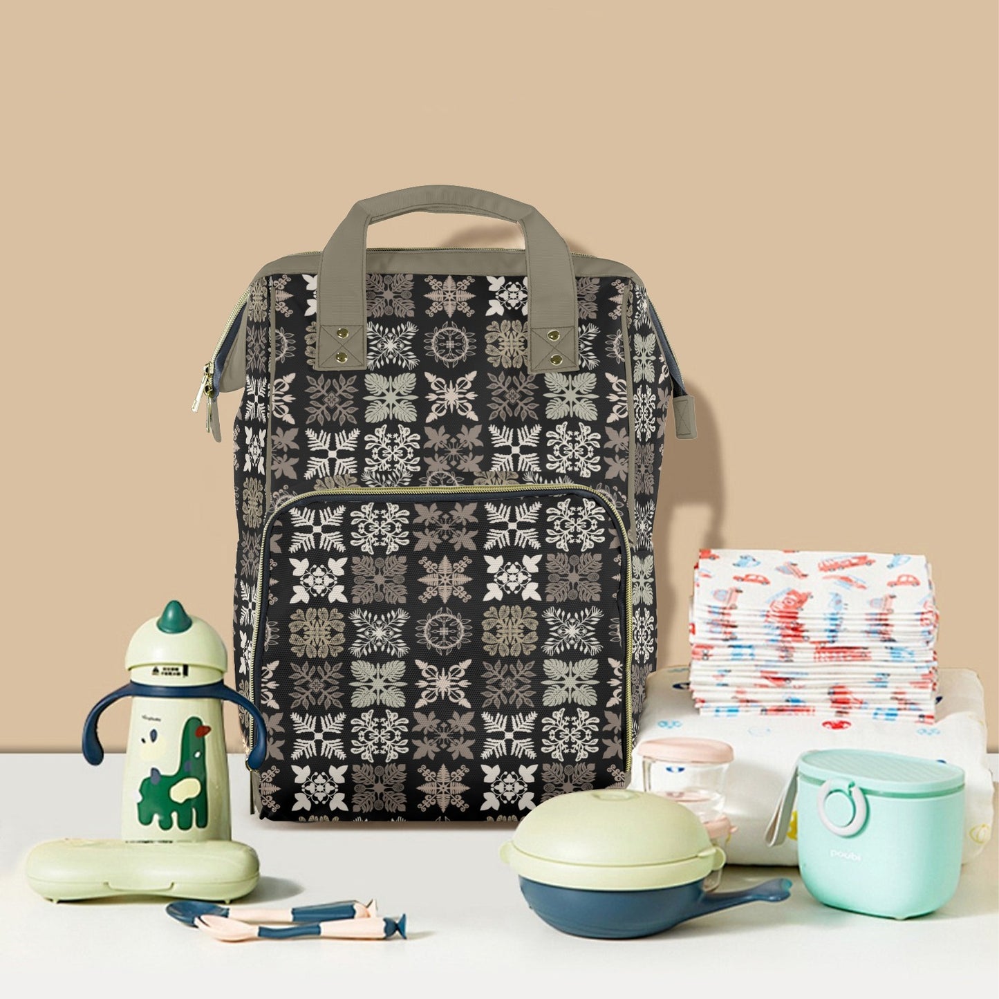 Kapa Kuiki Hawaiian Print Quilt Design Mult-Function Backpack - Black and Sage