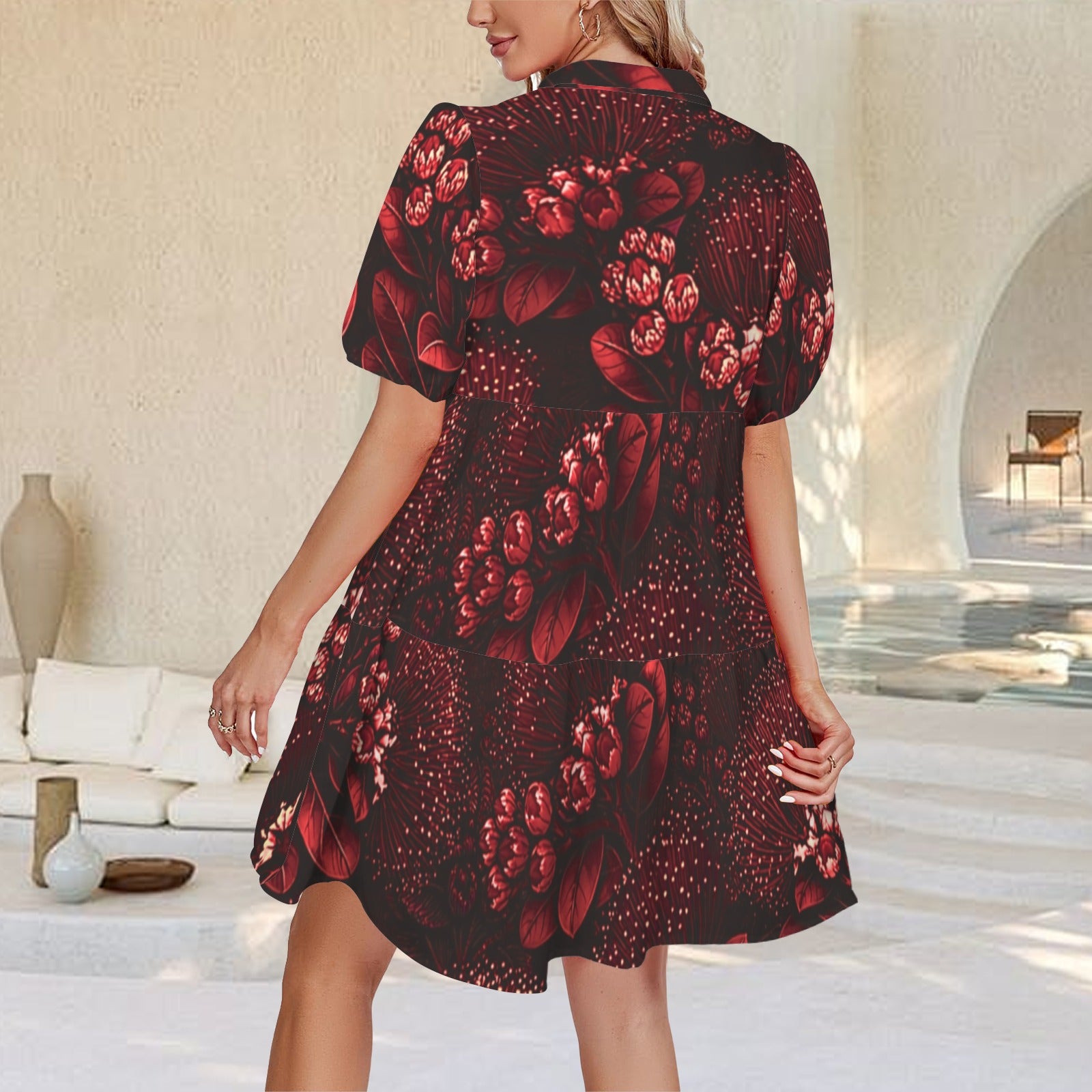 Puʻuwai Button down Puff sleeve baby doll dress in Ohia Lehua Red and Black