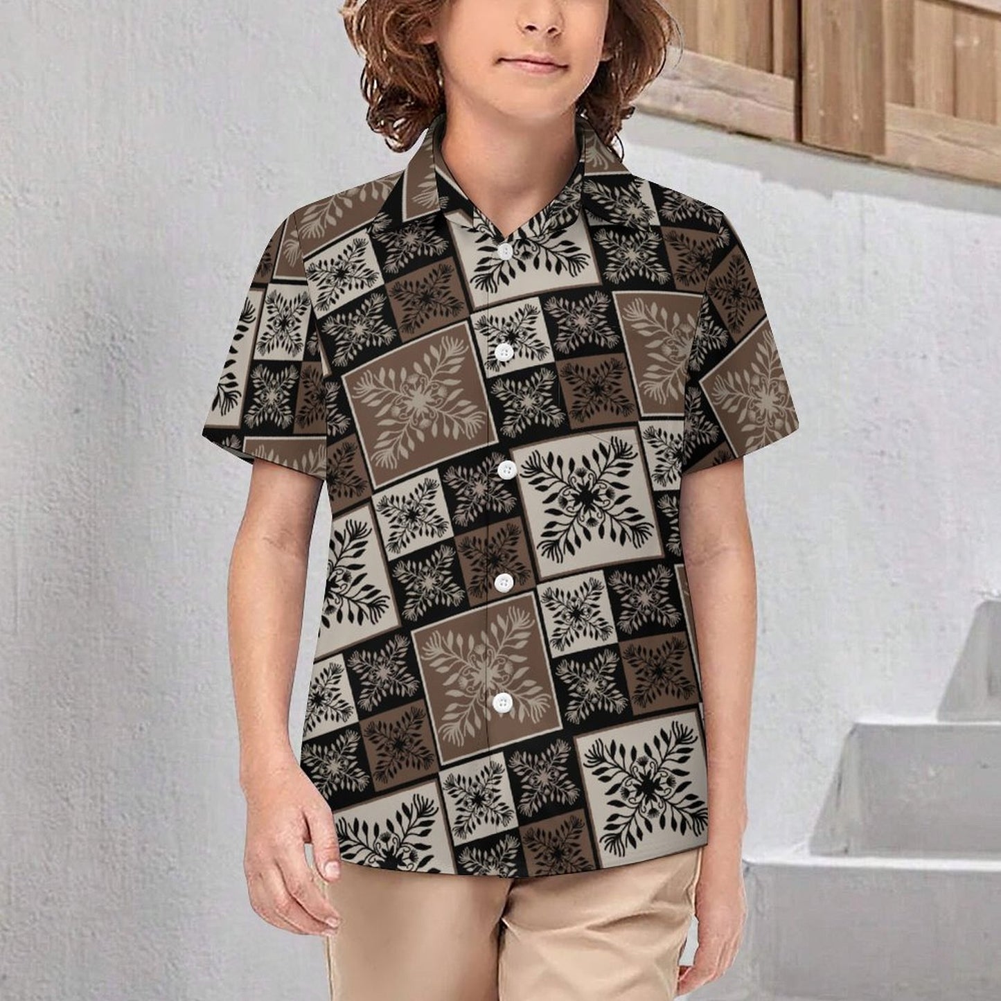 Kapa Kuiki Hawaiian Print - Keiki Aloha Shirt, Brown and Beige