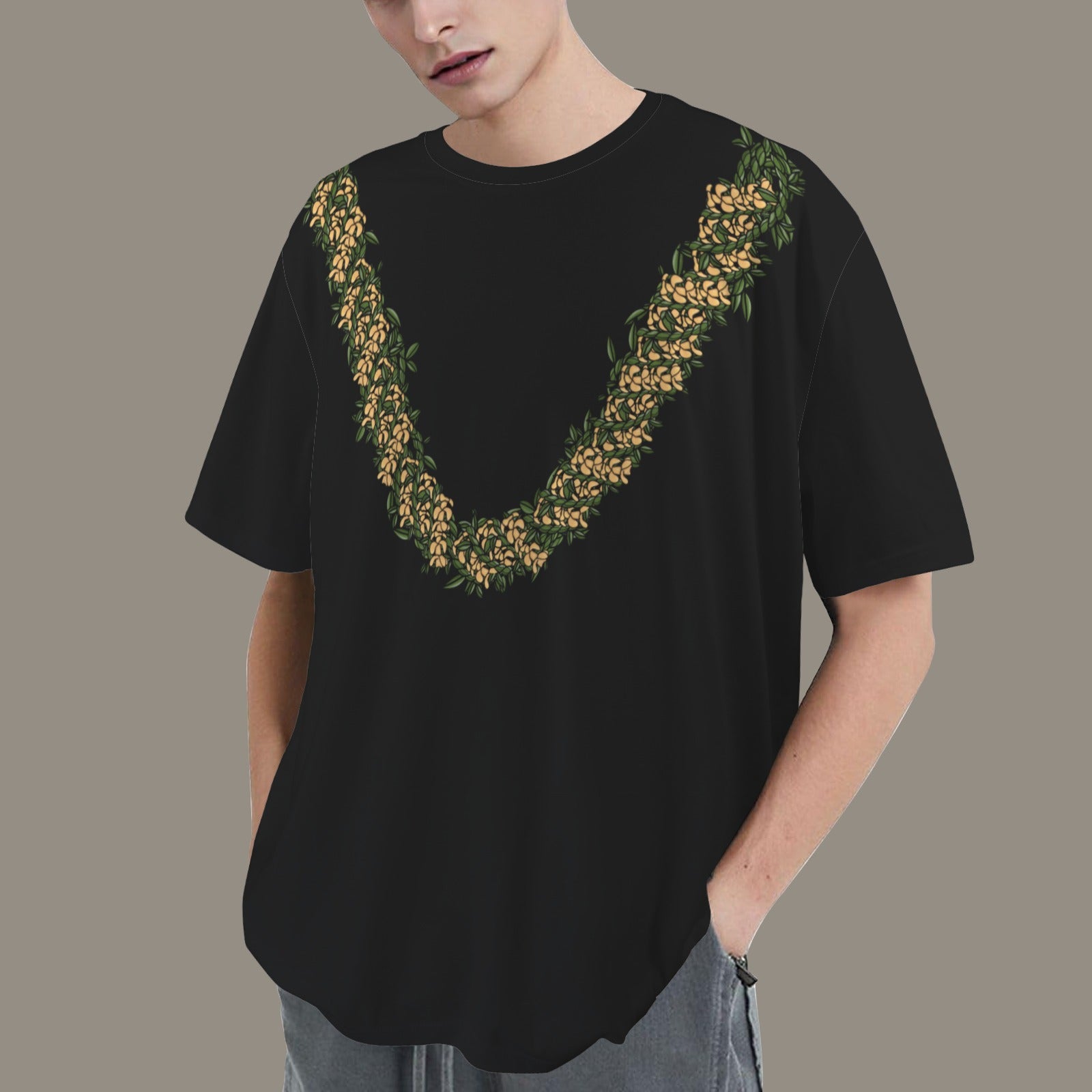 Oversized Hawaiian Lei Graphic T-Shirt | Puakenikeni and ti-leaf Poepoe Style