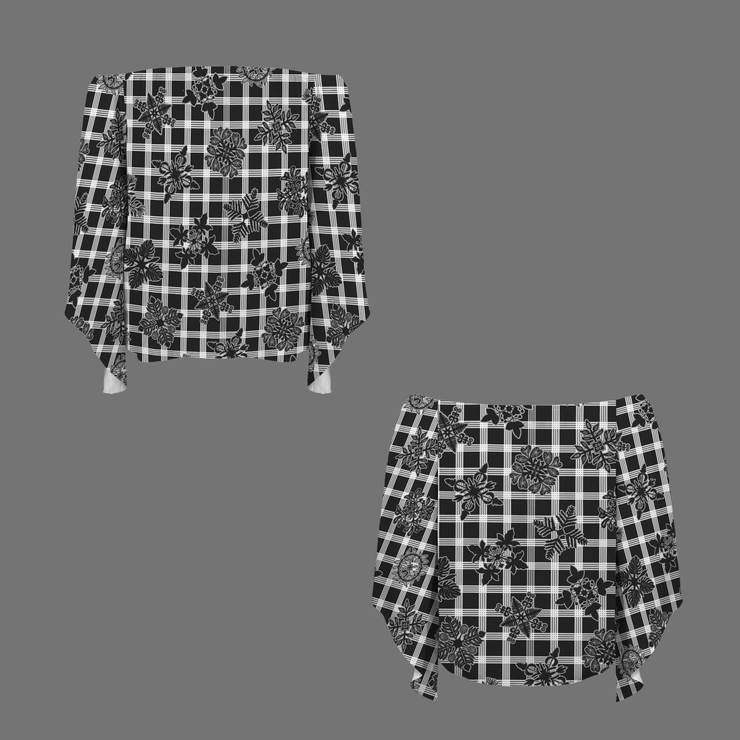 Kolonahe Palaka and Kapa Kuiki Hawaiian Print Off Shoulder Trumpet Sleeve Blouse - Black and White