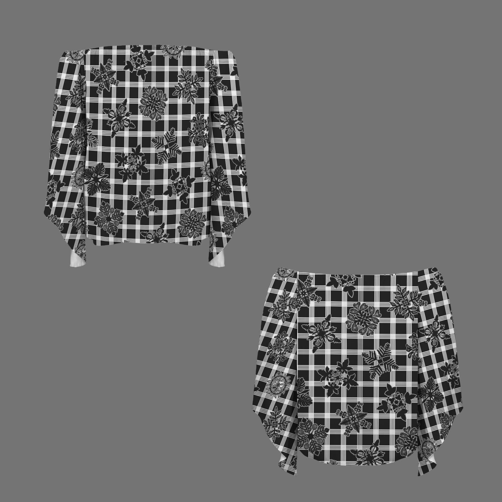 Kolonahe Palaka and Kapa Kuiki Hawaiian Print Off Shoulder Trumpet Sleeve Blouse - Black and White