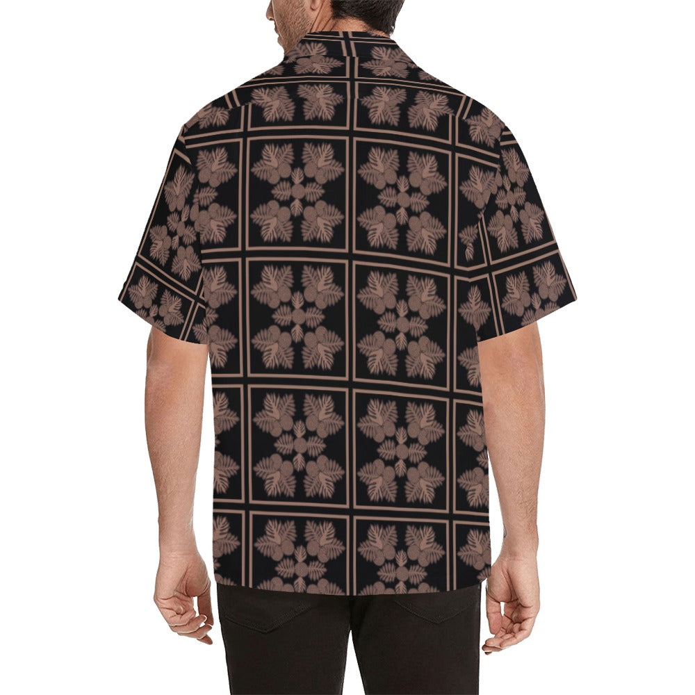 Ulu Quilt Design - Menʻs Aloha Shirt Black and Mocha Hawaiian Shirt