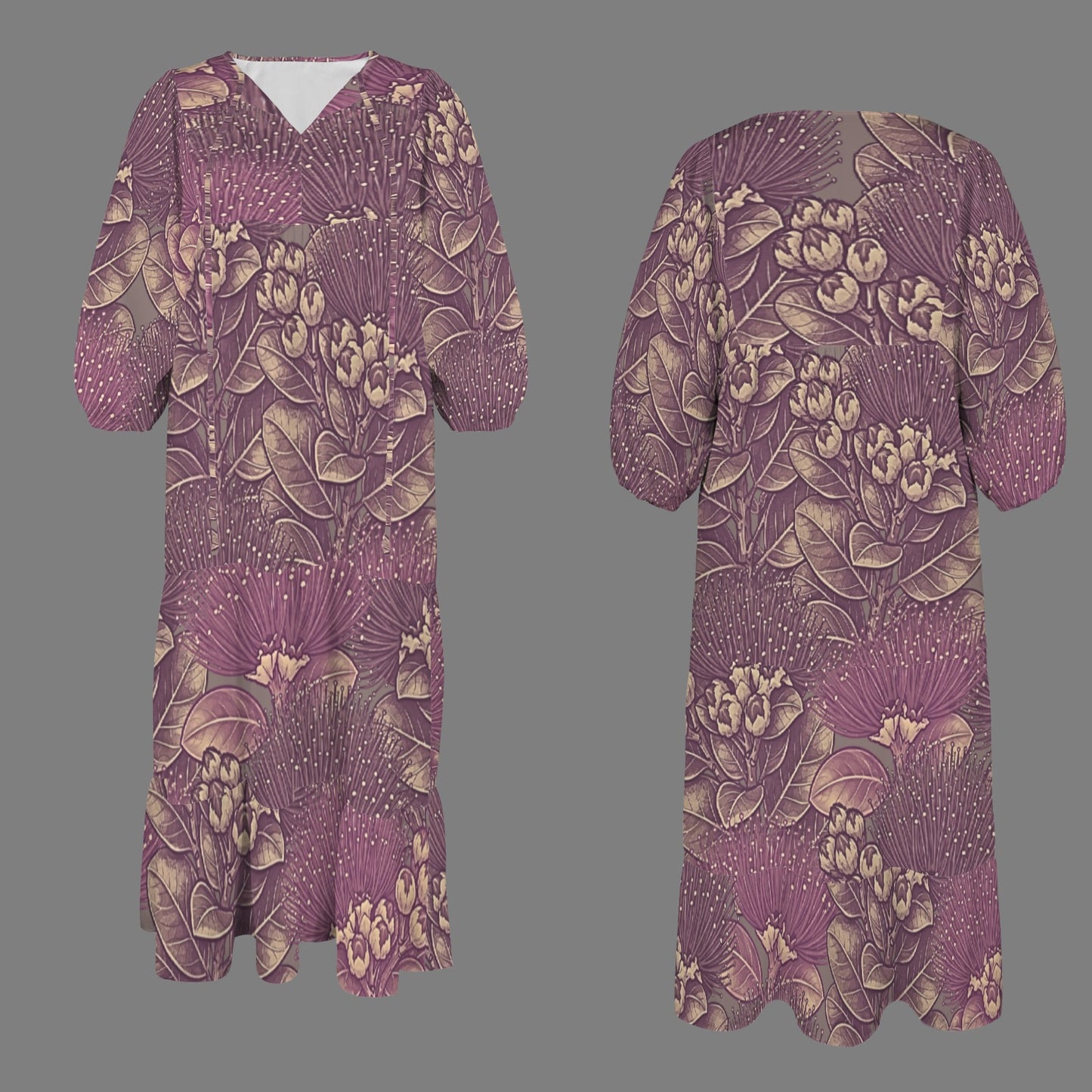 Pauahi Mu'u mu'u maxi dress - 'ōhiʻa lehua in pink and lavender