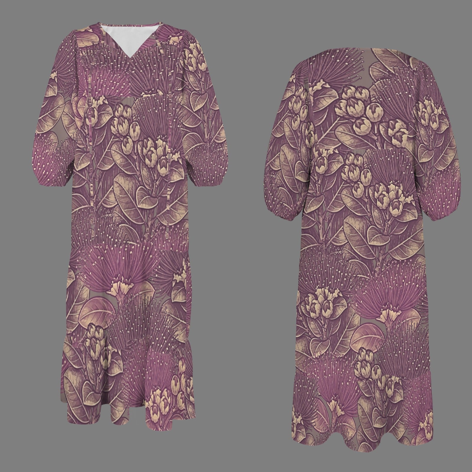 Pauahi Mu'u mu'u maxi dress - 'ōhiʻa lehua in pink and lavender
