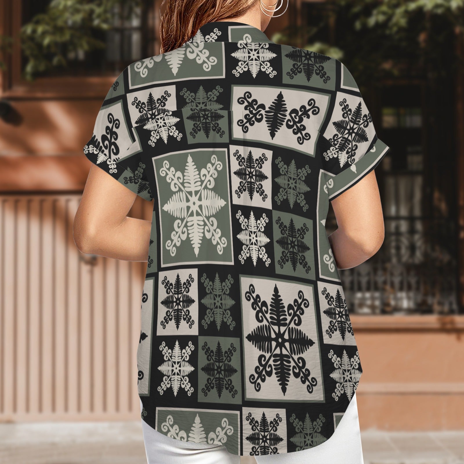 Hapu'u Fern Kapa Kuiki Block Print Harmony Blouse, Women's Short Sleeve Button Down Shirt - Green