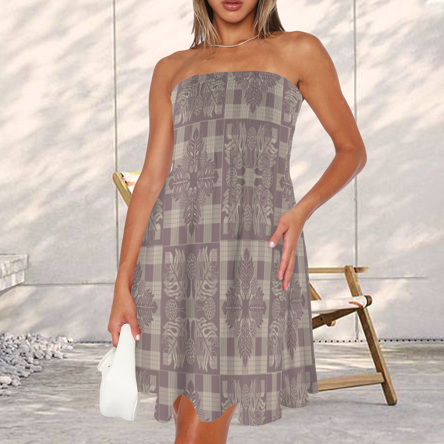 Hauʻoli Strapless Tube Dress - Kapa Kuiki and palaka - Lavender and Cream