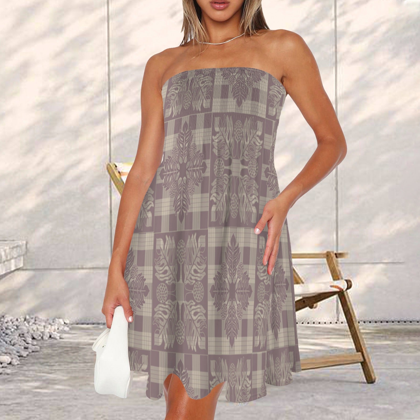 Hauʻoli Strapless Tube Dress - Kapa Kuiki and palaka - Lavender and Cream