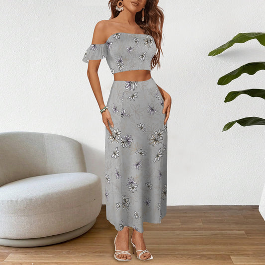 Malino Set in Naupaka (Off Shoulder Smocked Tube Top & High Waist Split Thigh Maxi Skirt) Gray