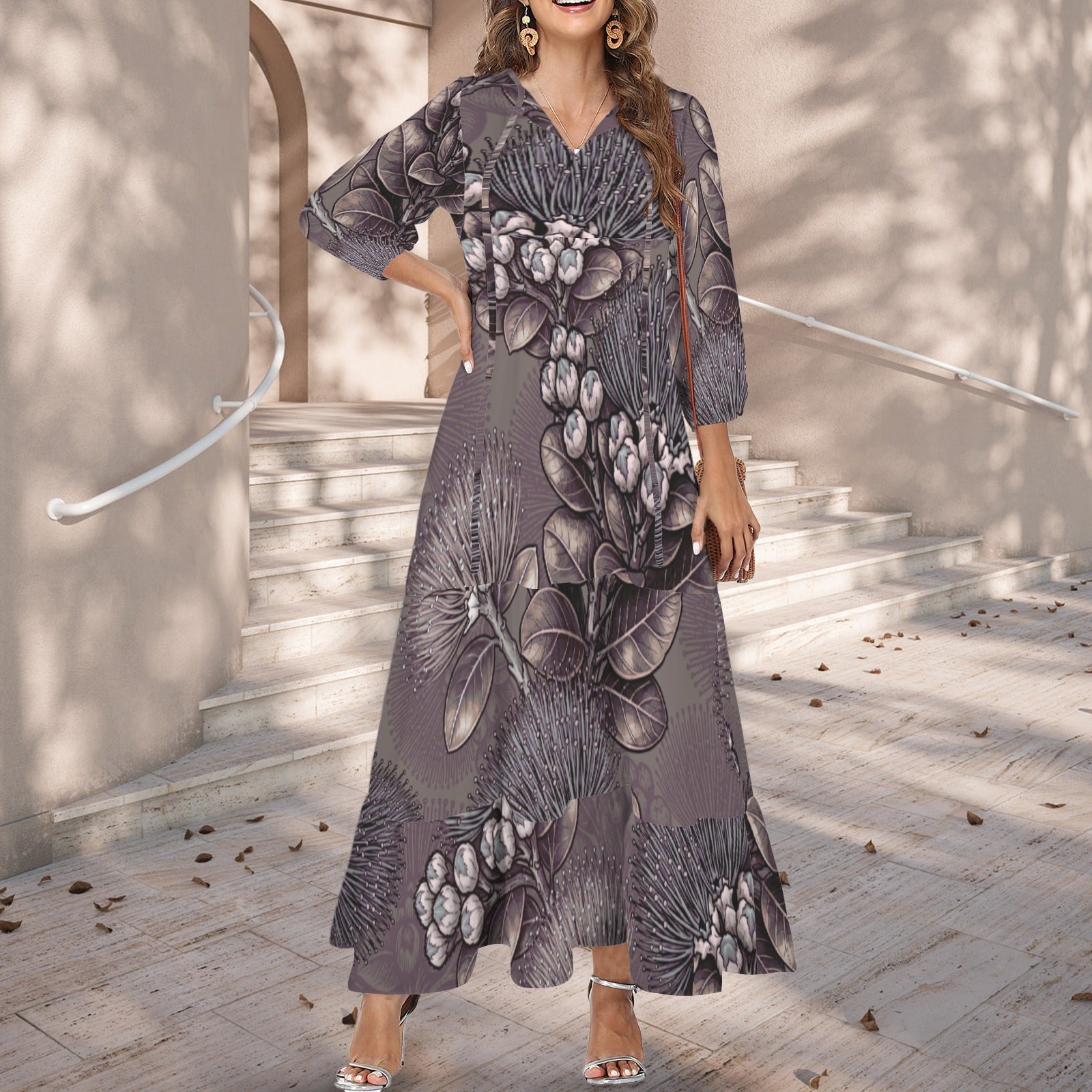 Pauahi Mu'u mu'u maxi dress - 'ōhiʻa lehua in taupe and gray