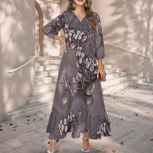 Pauahi Mu'u mu'u maxi dress - 'ōhiʻa lehua in taupe and gray