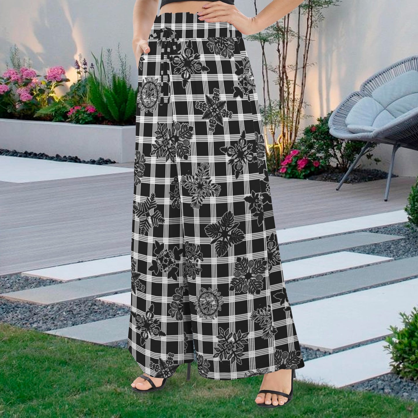 Makamae Elastic Waist Wide Leg Pants - Palaka and Kapa Kuiki Hawaiian Print - Black and White