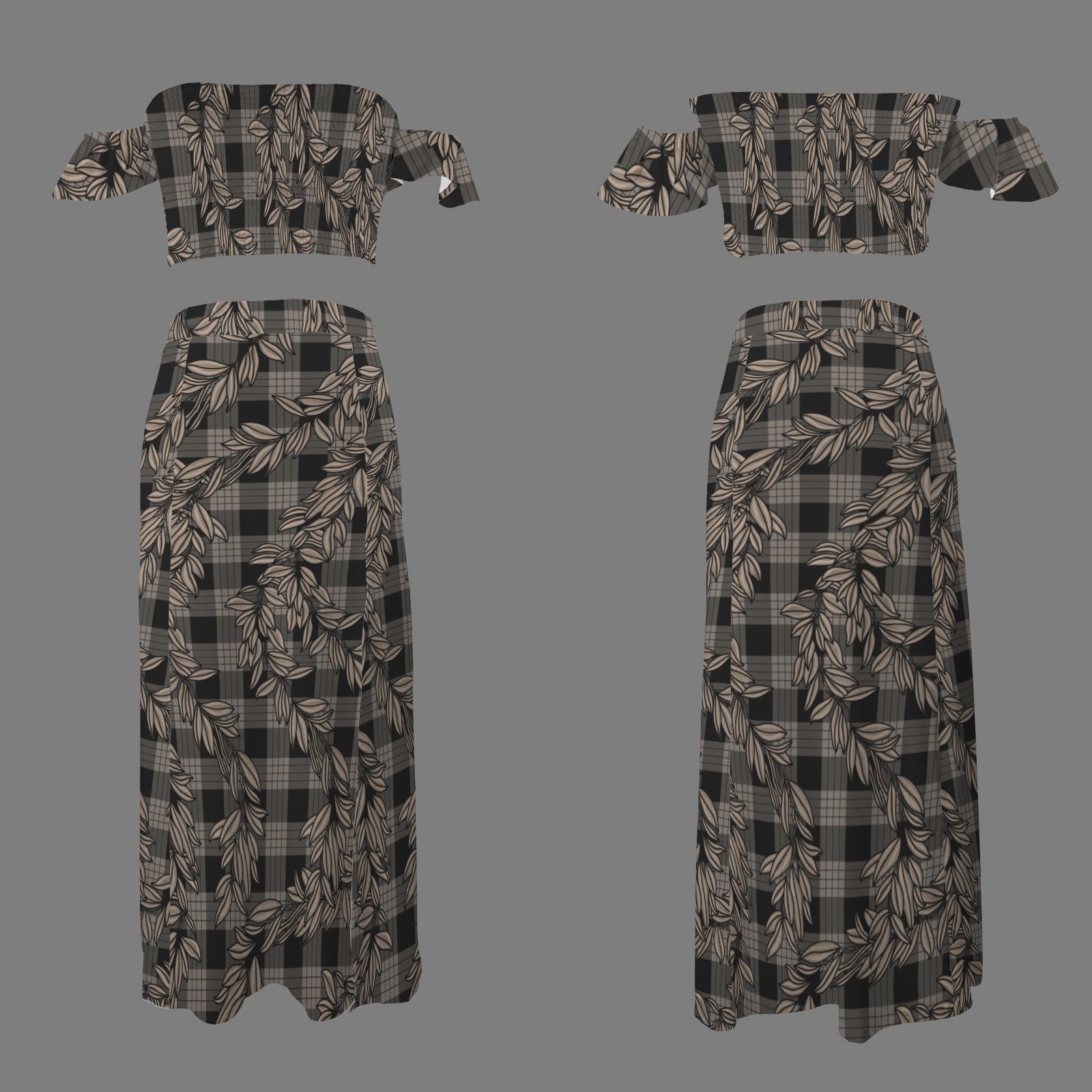 Malino Set in Maile and Palaka (Off Shoulder Smocked Tube Top & High Waist Split Thigh Maxi Skirt) Black and Taupe