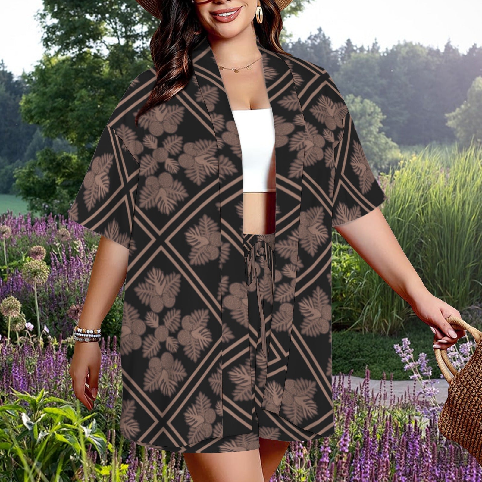 Hunnie Girl 2 PC Set - Open Front Kimono Blouse with Drawstring Waist Shorts - Ulu Quilt Black and Mocha Pattern